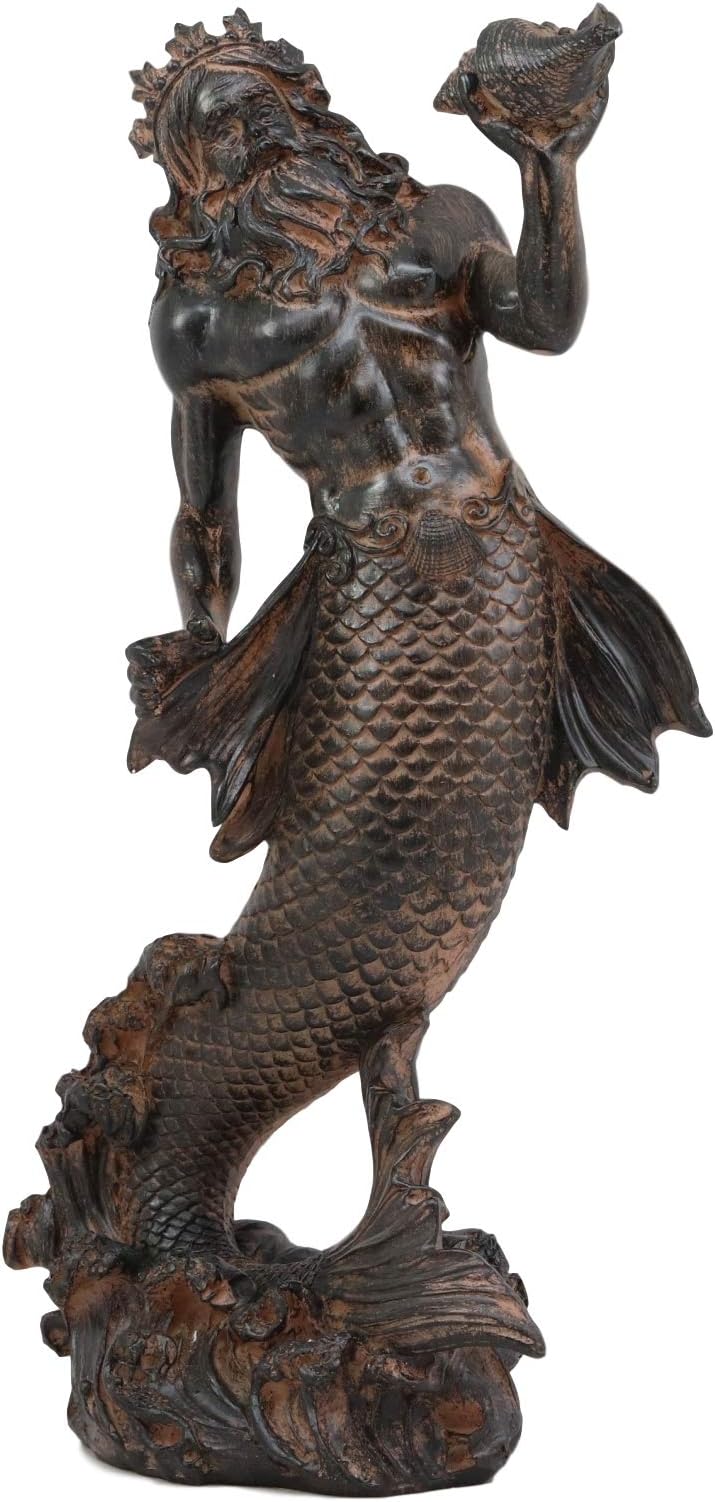 Ebros Greek Mythology God of The Seas and Tremors Merman Poseidon Statue Neptune Holding Ocean Sea Conch Figurine Nautical Coastal Collection Roman Greco Olympian Gods Decor Sculpture