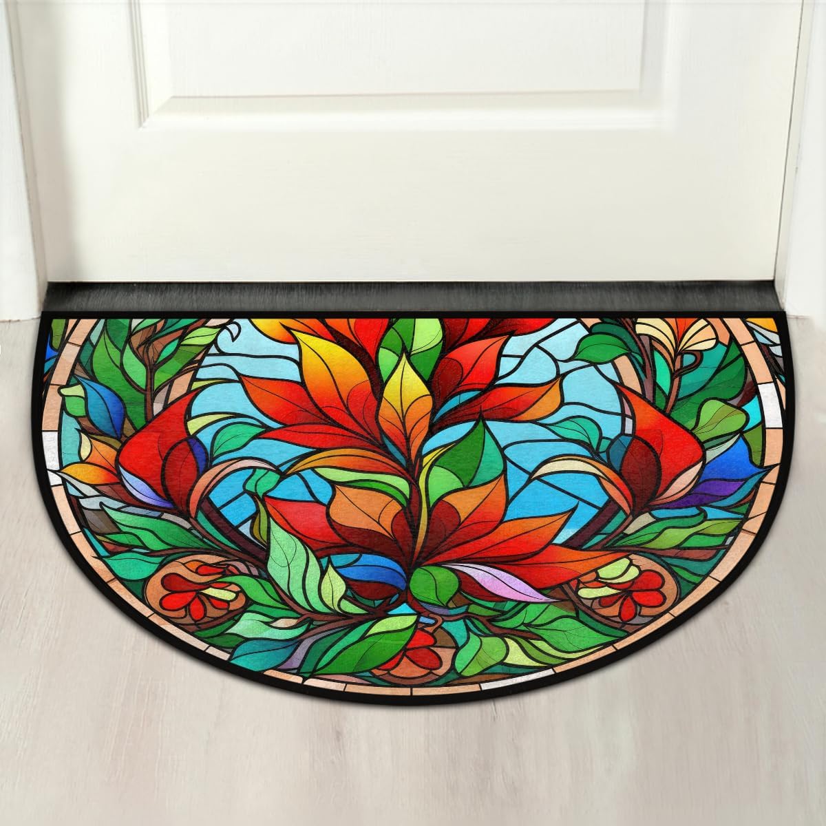 Christmas Poinsettia Flowers Half Round Door Mat Non Slip Washable Semi Circle Area Rug Absorbent Soft Half Moon Rug Floor Mat for Indoor Outdoor Kitchen Bathroom Patio Front Door Mat Decor,a-10