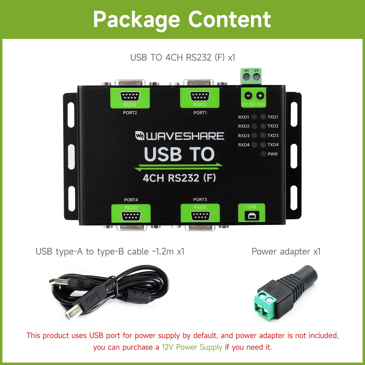 Waveshare Industrial Isolated USB to 4CH RS232 Converter DB9 Female FT4232HL High-Speed Stable Communication