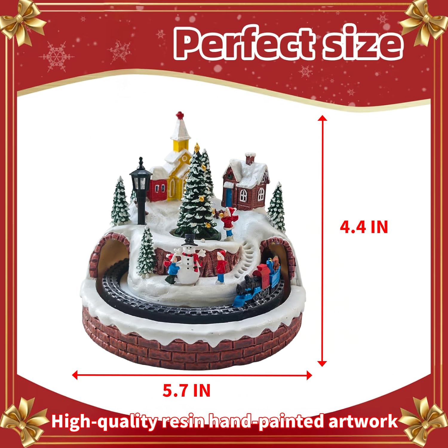 Christmas Village Decoration with Spinning Train & Christmas Tree, Musical Collectible Buildings, 8 Songs, LED Lights, Timer Function, and Dual Power (USB or Battery) - Perfect Holiday Decor & Gift