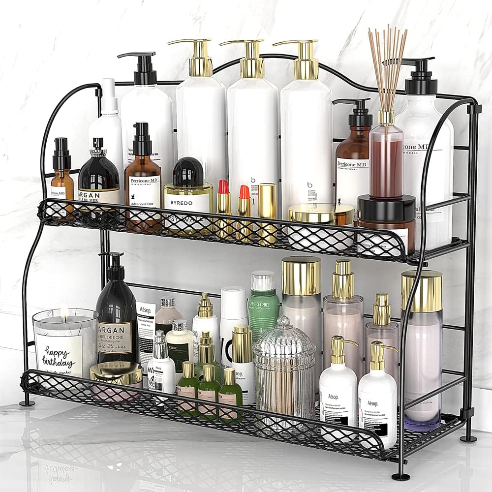 CisilyBathroom Counter Organizer, Countertop Organizer and Storage Bedroom, 2-Tier Kitchen Spice Rack Shelf Organization, Room Makeup Desk Sink Care Organizer