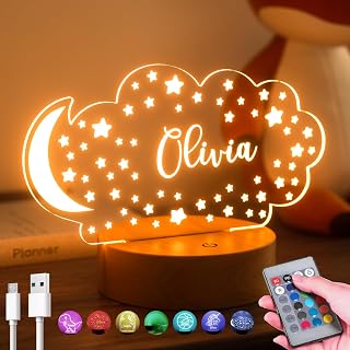 Personalized Baby Gift Name Night Light for Kids Girls Boys, Customized Nursery Decor with Cute Stars&Moon Cloud - Includes Remote and Color-Changing, Laser Engraved in The USA