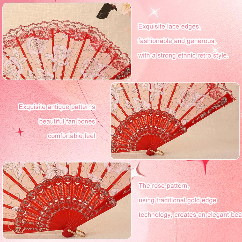 CavspkArt 3 Pcs Lace Hand Fan,Rose Lace Folding Fans,White,Black and Blue Wedding Bride Folding Fan,Vintage Chinese Handheld Fans,Spanish Lace Fans Women Fans for Wedding,Gifts,Party Decor (B) - Image 3