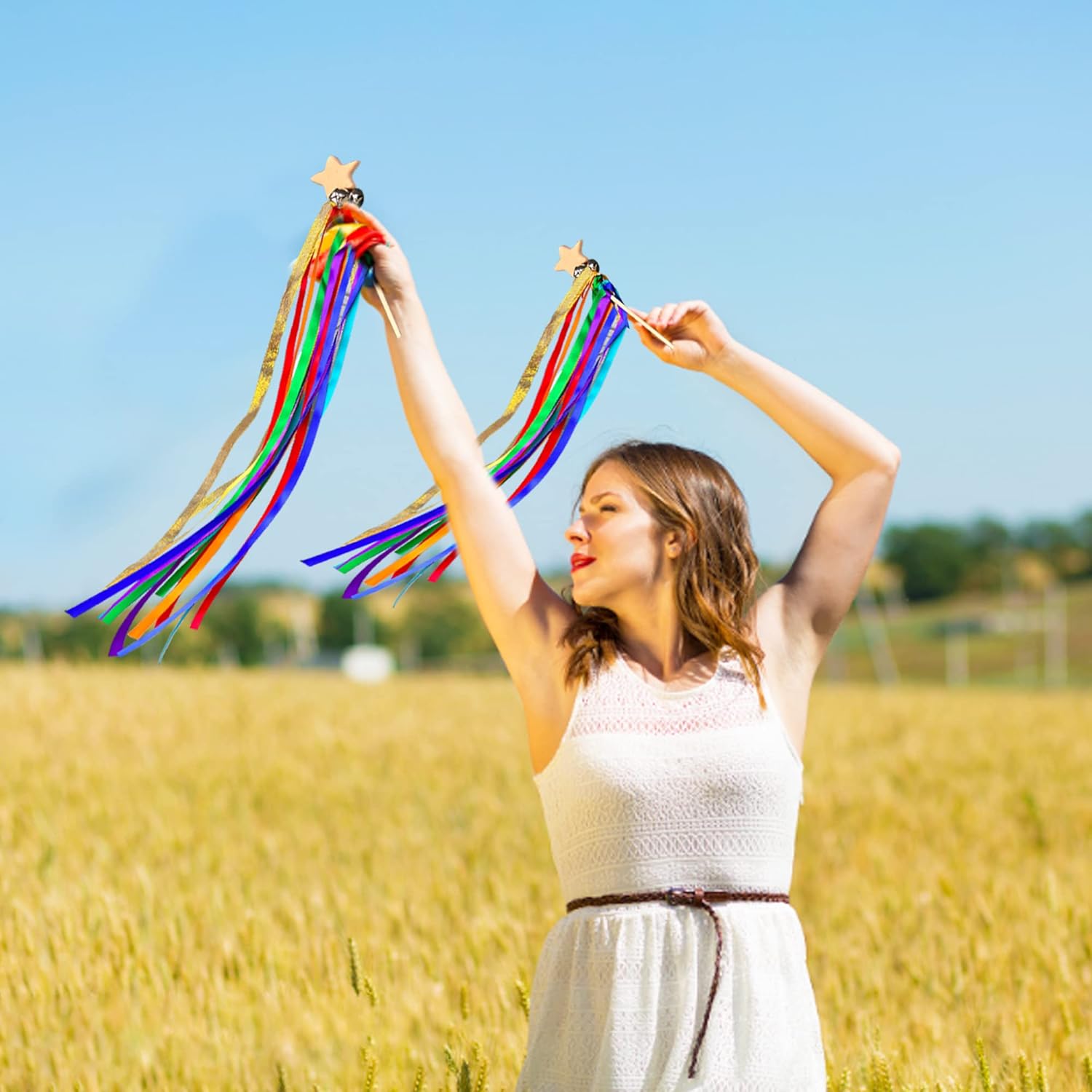 Rainbow Color Hand Ribbon Kite, Ribbon Bells Wind Wand Dancing Ribbon Streamer for Kids Toddler Gifts Shower Birthday, RED
