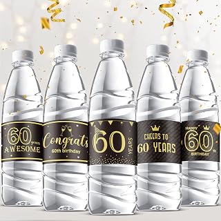 Tenare 72 Pcs Happy 60th Birthday Party Decorations Black and Gold Mini Wine Water Bottle Label Wrappers Cheers to Years Birthday Stickers for Congrats Wedding Anniversary Party Decor Supplies