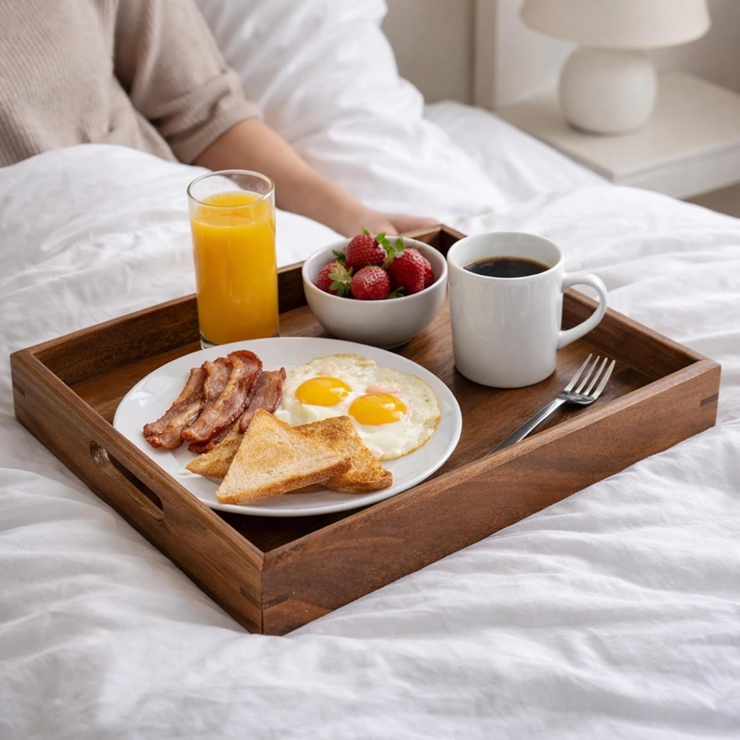 15.7 in South American Walnut Wood Serving Tray, Decorative Breakfast Tray, Rectangle Butler Tray for Food Drinks, Easy to Clean Smooth, 1.6 in Raised Edge