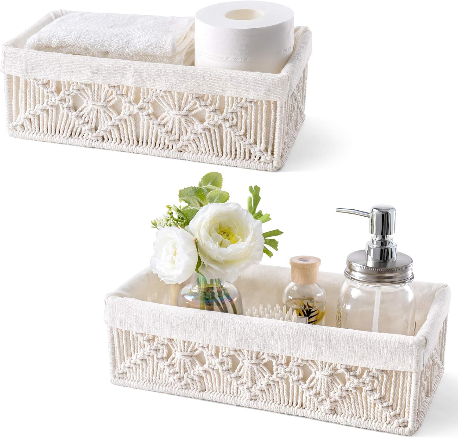 Mkono Macrame Storage Baskets for Organizing Boho Decor Bins with Removable Cloth Liner for Countertop Round Paper Toilet Tank Shelf Cabinet Organizer for Bedroom Nursery Living Room, Set of 2, Ivory
