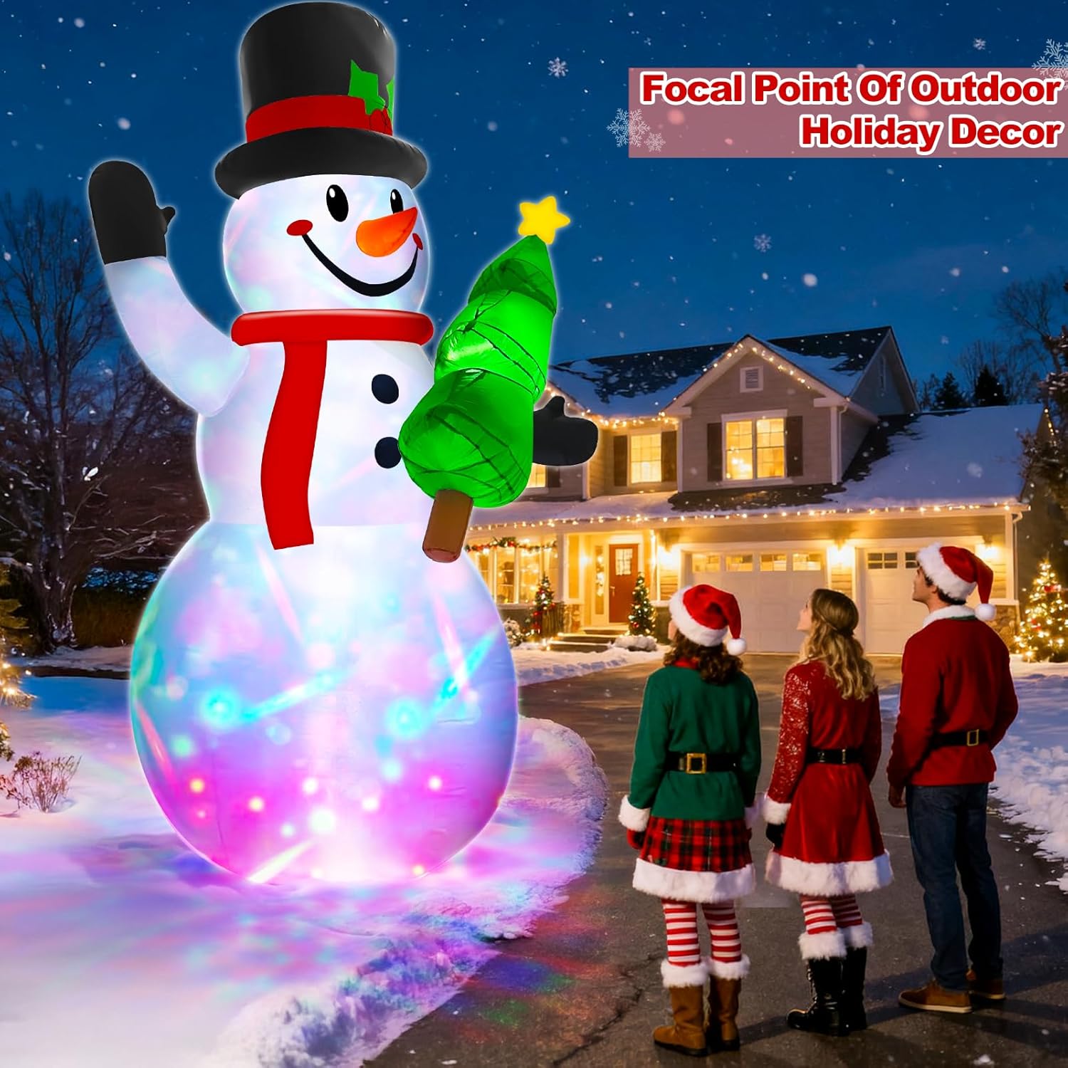 14 Ft by 7.5 Ft Large Christmas Inflatables Snowman Outdoor Decorations Build-in Rotating Colorful Light, Huge Snowman Inflatable with Christmas Tree & Hat Blow Up Yard Decor for Lawn Garden Outside