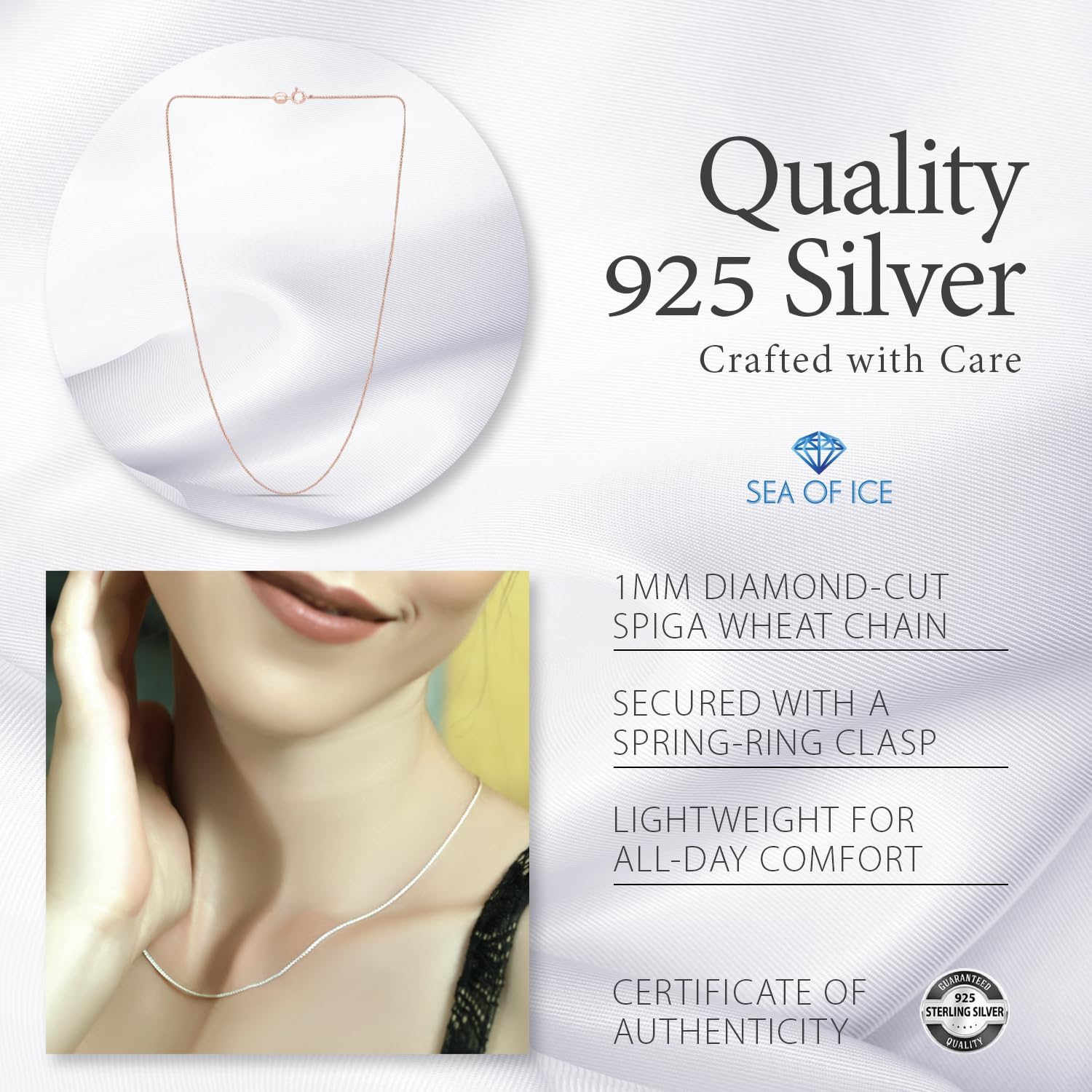 SEA OF ICE Italian Spiga Wheat Chain Necklace – Silver Chain Necklace for Women and Men – 925 Sterling Silver Spring Ring Locked Jewelry Chain – Multisize Silver Chain Unisex