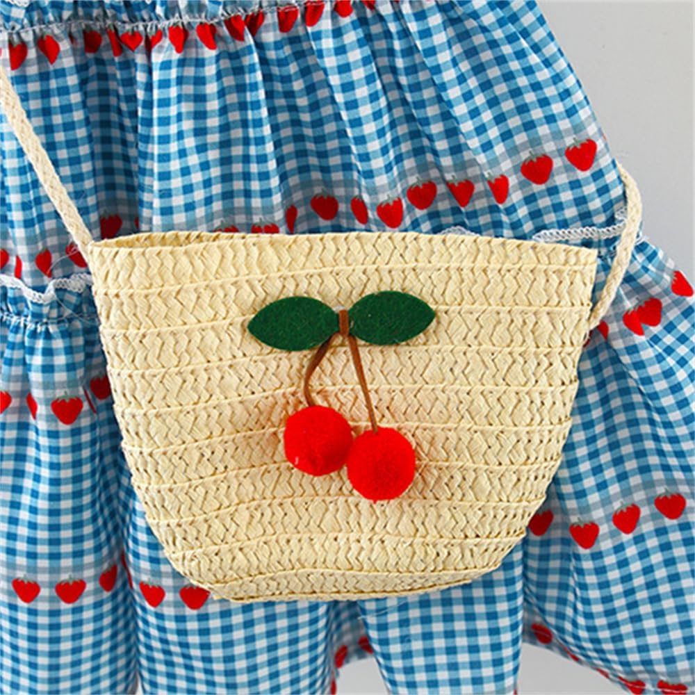 Baby Girl's New Summer Outfit Sleeveless Round Neck Checkered Cherry Cotton Skirt Comes with A Crossbody Bag As A Gift