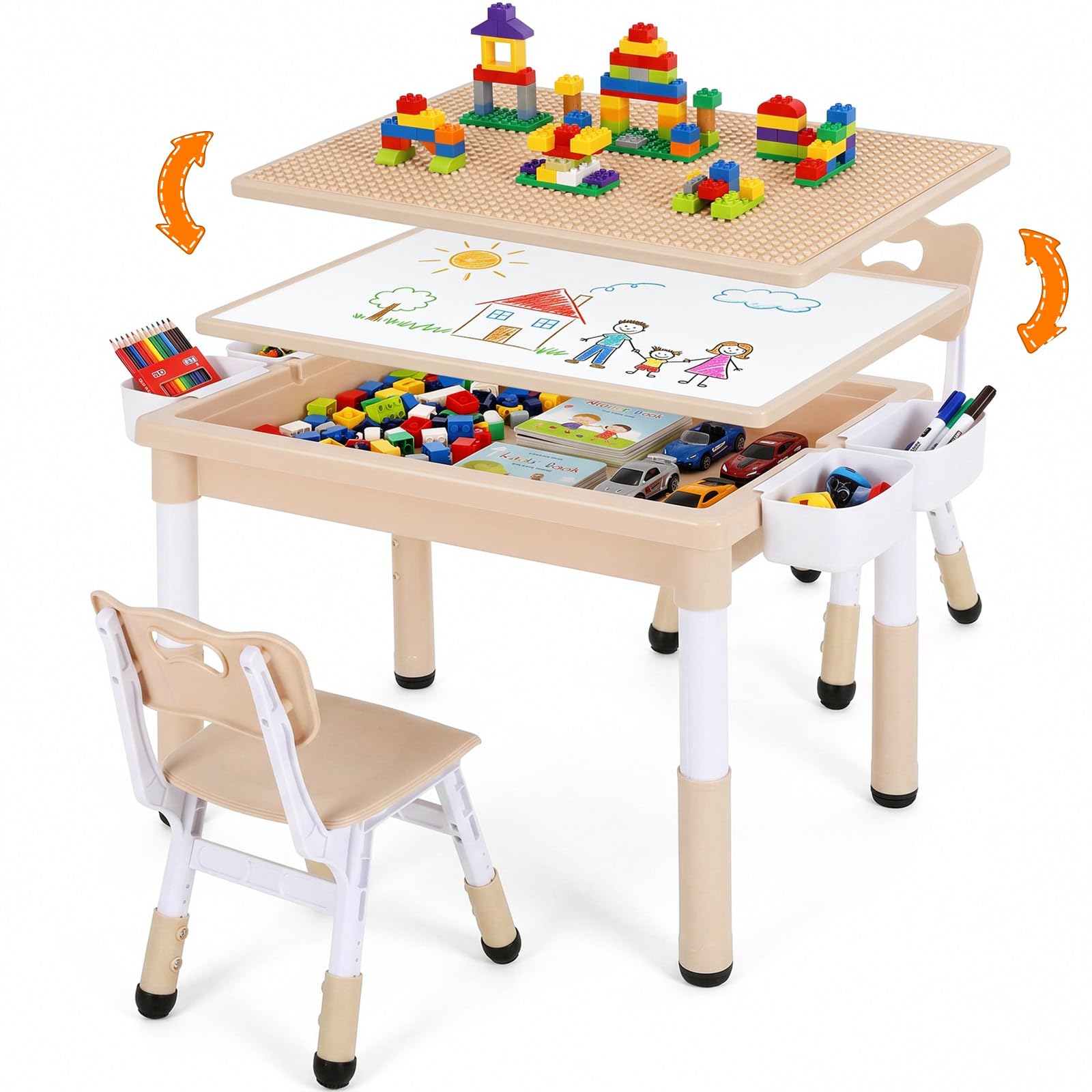 MAMIZO Tavolo per bambini con 2 sedie, tavolo per attività per bambini regolabile in altezza, con vano portaoggetti, piano letto reversibile per graffiti e mattoncini da costruzione, mobili per aula