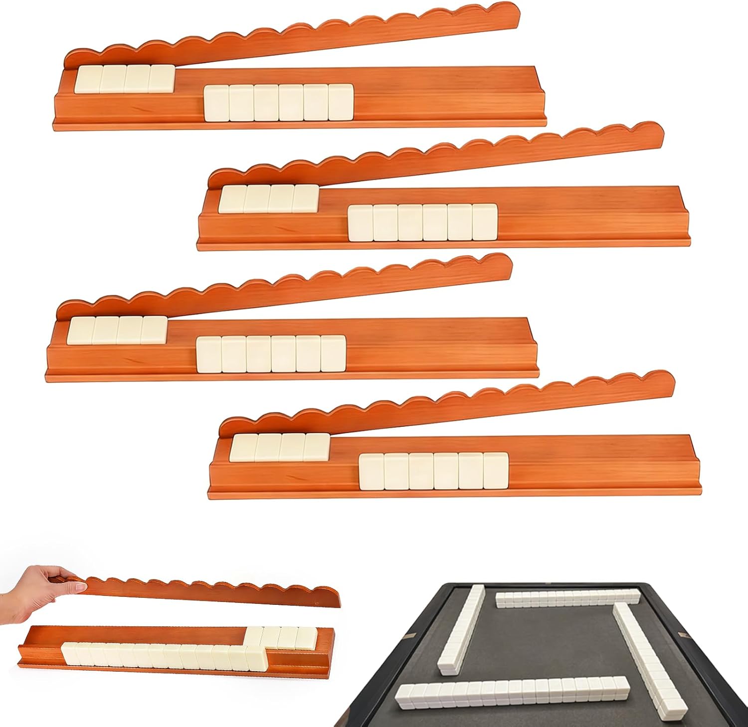 Wooden Mahjong Racks with Pushers Set of 4, Impact-Resistant Mahjong Tile Holder and Mahjong Pushers,Durable Scalloped Mahjong Racks with Pushers for Standard Tabletop Board Game Mahjong Tile Set