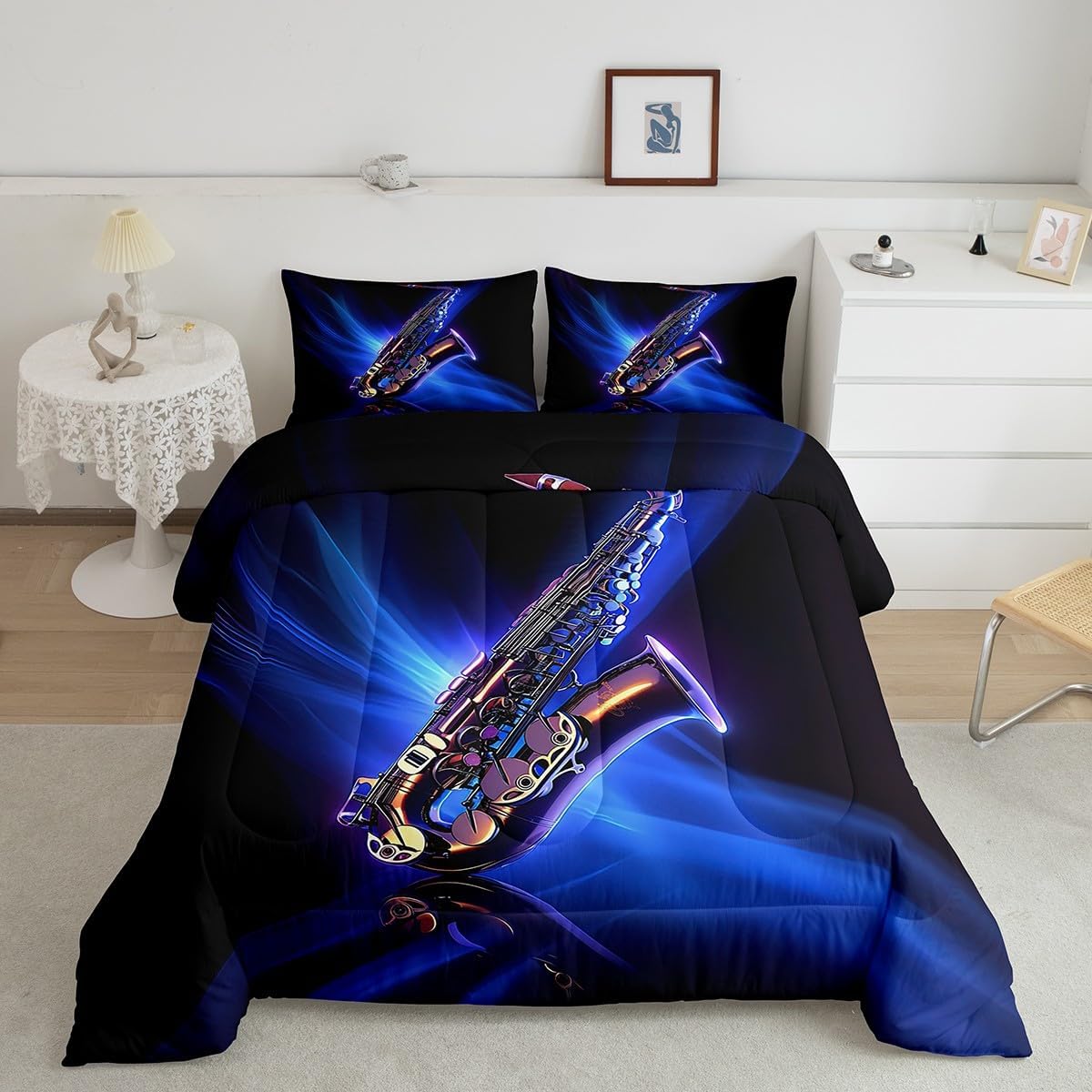 Feelyou Classic Music Beddinig Set Cool Saxophone Comforter Set for Kids Boys Girls Jazz Funky Design Comforter Musical Instrument Blue Quilt Collection 3Pcs Queen Size Boys