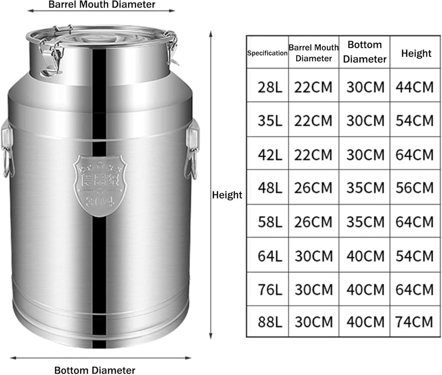 304 Stainless Steel Milk Can Bucket - Milk Transport Barrels Wine Pail Tote Jug Tea Canister with Wine Mention and Funnel,35L,28l