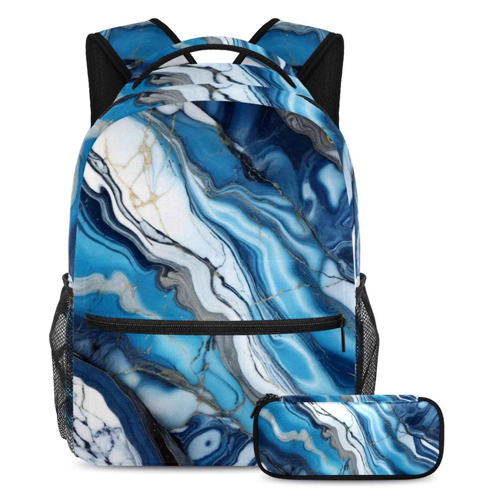 Sac d'école ergonomique texture marbre bleu avec trousse assortie