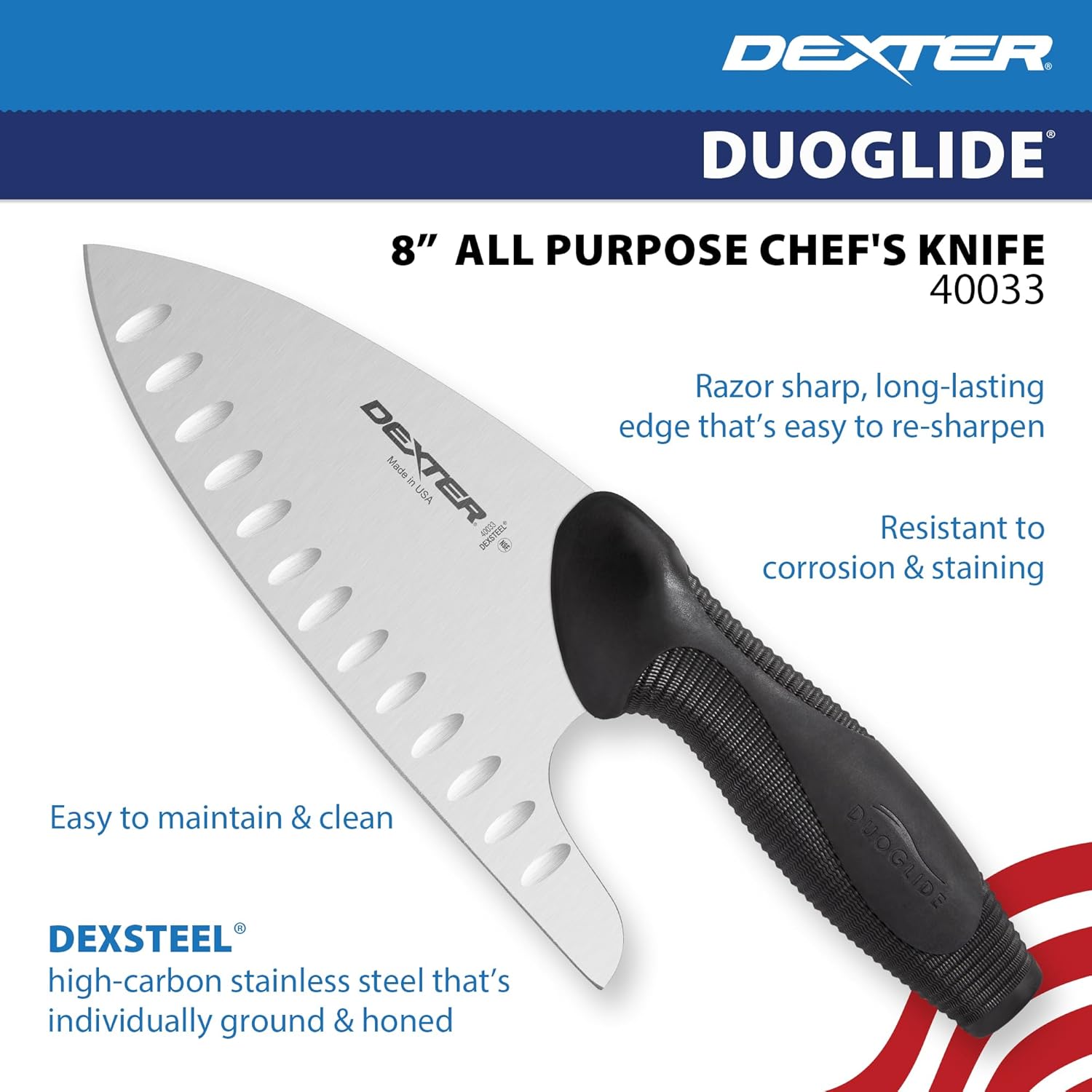 Dexter-Russell 8" DuoGlide All Purpose Chef's Knife | 40033 | Ergonomic Textured Handle for Comfort & Control | Sharp High-Carbon Stainless Steel Blade | Made in USA