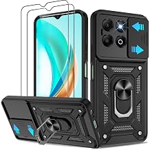 PIXFAB for Honor X6C Case with 2 x Screen Protector Tempered Glass, Shockproof Case with Camera Lens Protection, Protective Ring Armour Phone Case Cover with [Kickstand] - Black