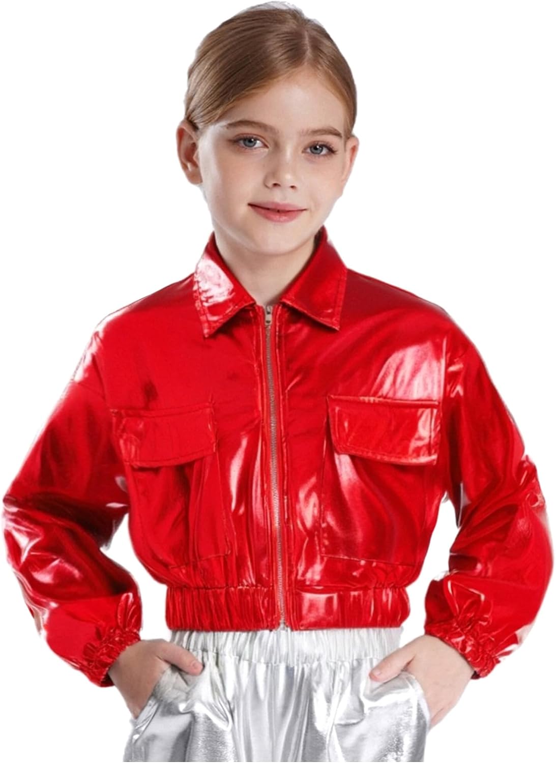 iEFiEL Girls Boys Shiny Motor Bomber Jacket Hip Hop Dance Coat