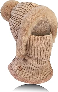 TAGVO Winter Warm Knitted Hat Neck Warmer Sets, Women's Winter Hat Flexible Knitted Hat with Hair Ball, Balaclava Balaclava Soft Thick Fleece Lined, Adjustable Face Mask for Women