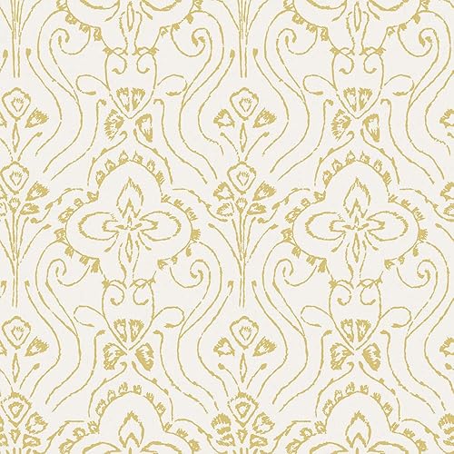 Tempaper Yellow Pacific Wave Damask - Papel tapiz removible para despegar y pegar, 20.5 pulgadas x 16.5 pies, fabricado en los Estados Unidos,