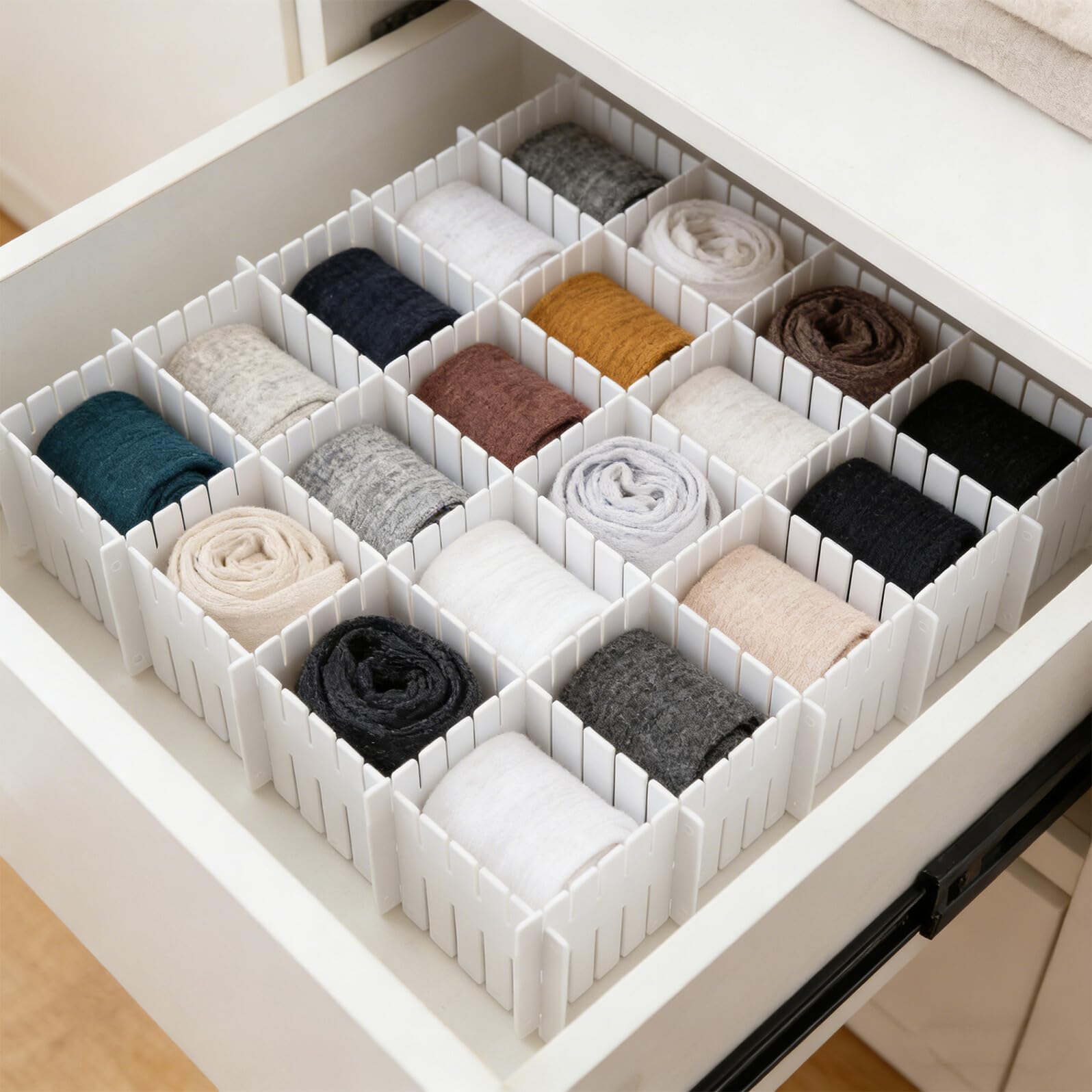 Divisori per Cassetti in Plastica Regolabili 24 Pezzi, Organizer a Griglia per Cucina, Ufficio e Camera da Letto, Divisori Multifunzionali per Piccoli Cassetti e