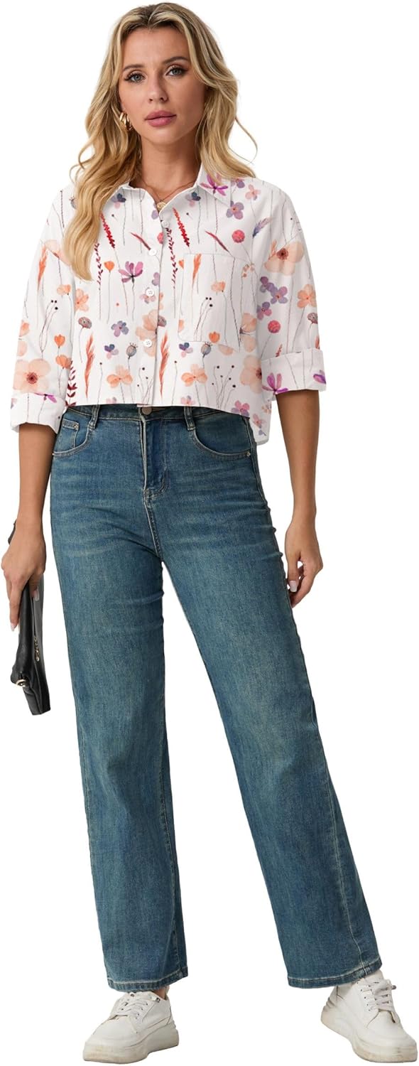 JINKESI Womens Button Down Cropped Shirt Loose Fit Style Casual Long Sleeve Collared Blouses with Pocket Ink Lotus-M - Image 3