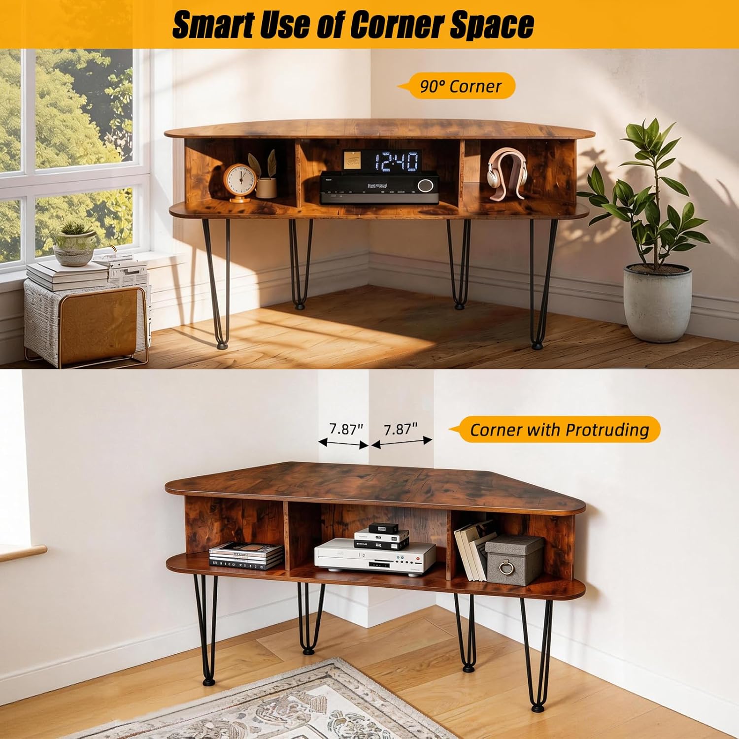 Corner TV Stand for 50 Inch TV, Entertainment Center with Storage Cabinet, Industrial Media Console Table with High Metal Feet and Anti-Slip Pads, Corner TV Stand for Living Room, Brown