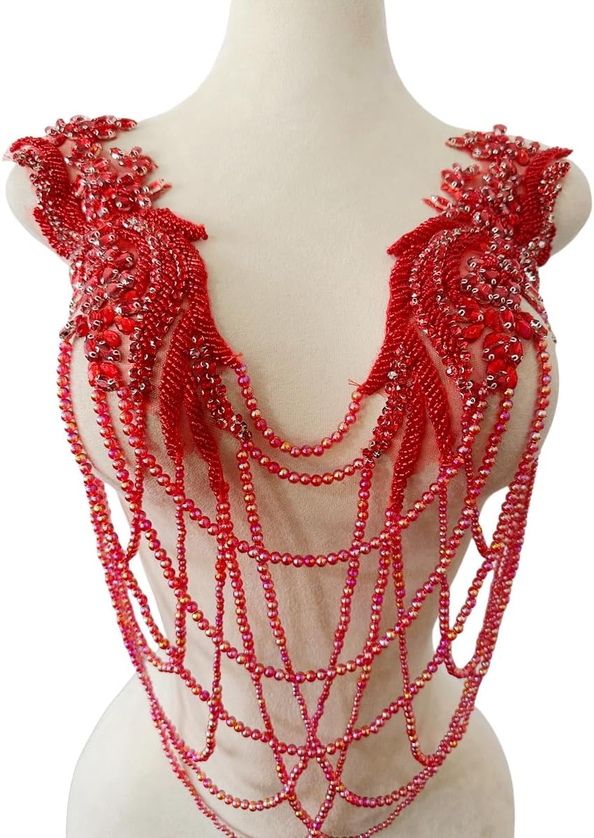 Handmade Rhinestone Fringe Patch Trim Crystal Beaded Applique for Sewing Crafts Wedding Party Decoration Bridal Dress Accessories 4.7X19.6inches (Red)