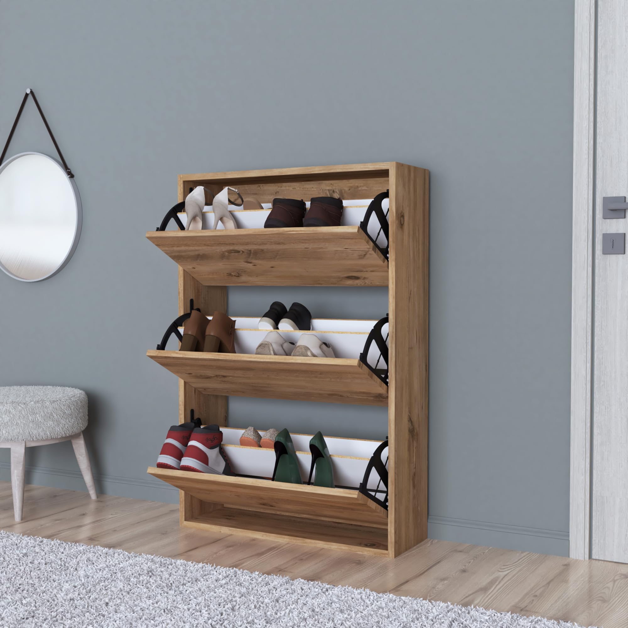 [en.casa] Zapatero para Pisos Pequeños Mueble Recibidor 3 Puertas Abatibles Capacidad máx. 18 Pares de Calzados Aglomerado 110 x 74 x 24 cm - Efecto Roble