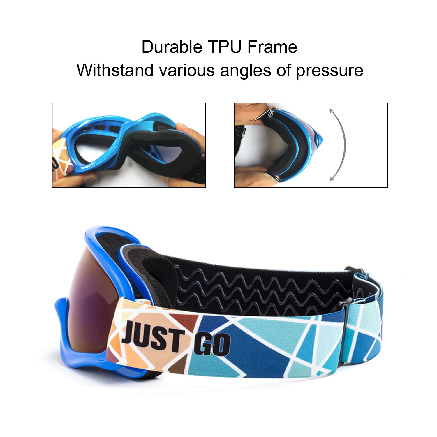 JUST GO Gogle narciarskie dla dzieci z etui EVA, gogle snowboardowe, przeciwmgielne, dwuwarstwowe soczewki ochronne UV 400, dla chłopców i dziewczynek, niebieska ramka, niebieskie soczewki REVO (VLT