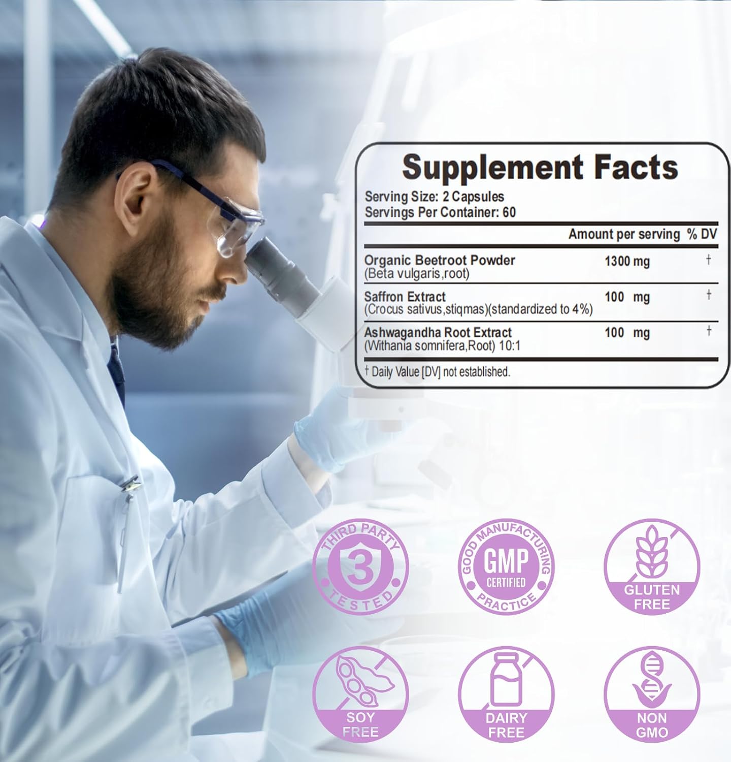 Saffron Supplement for Mood Support & Happy Mind - 100mg Pure Saffron Extract with Beet Root for Energy & Ashwagandha for Focus, Vegan Capsules, 120 Count