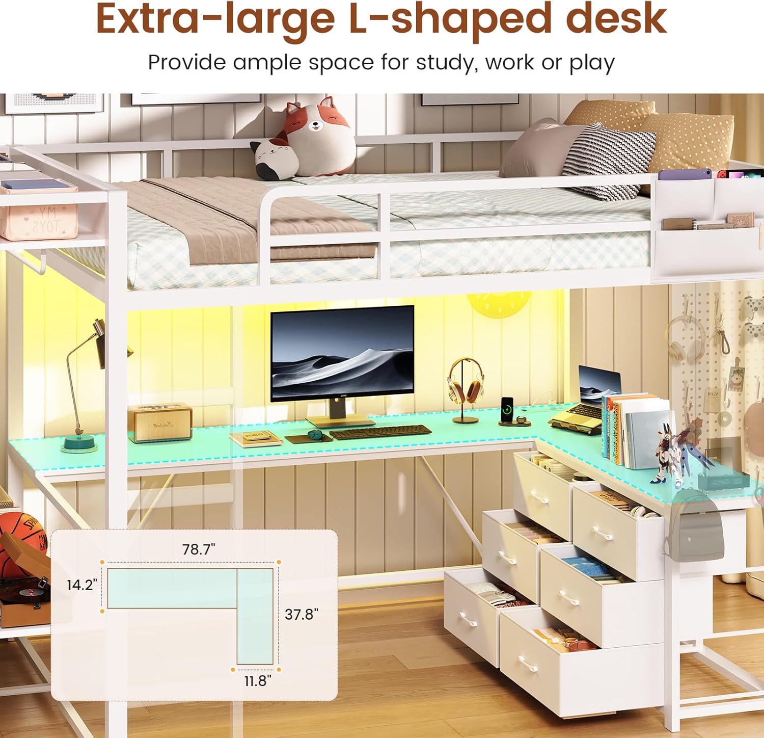 Itaar Twin Loft Bed with L-Shaped Desk and 8 Storage Drawers, Metal Kids Loft Bed Twin with Led Lights & Charging Sation, Hall Tree, Safety Guard & Ladder, No Box Spring Needed, White