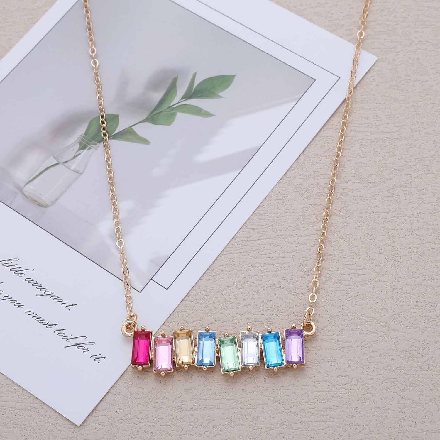 Boho Rainbow Gemstone Square Necklace Gold Crystal Square Pendent Necklace Colorful Cz Necklaces Gemstone Bar Necklaces Crystal Horizontal Jewelry for Women - Image 4