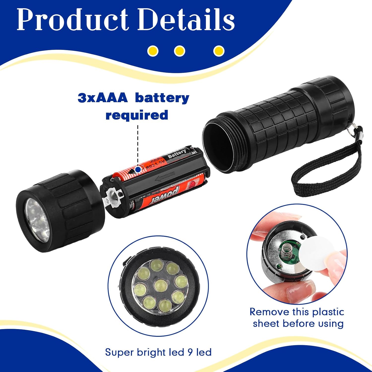 Rossesay 90 Pcs Mini Flashlight 9 LED Handheld Torch Bulk Kids Flashlight Plastic Handheld Flashlights with Lanyard Camping Necessities for Homeless School, 270 Pcs AAA Batteries Included (Black)