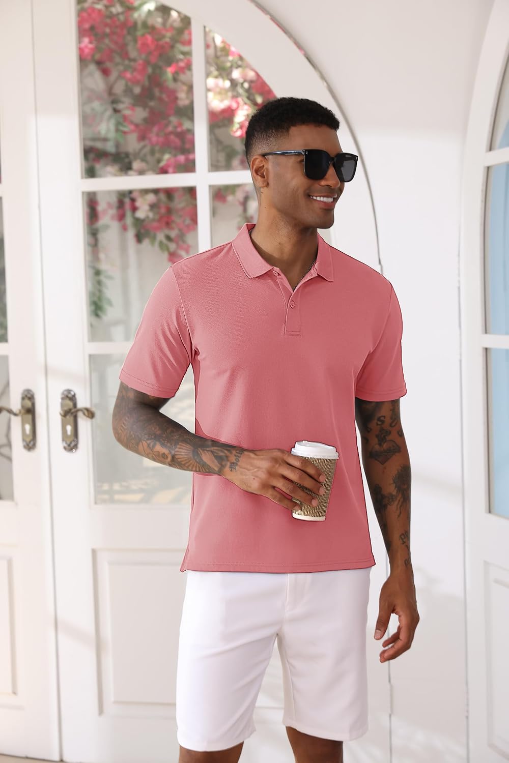 TACVASEN Golf Polo for Men Dry Fit Mens Polo Outdoor Polo Shirts for Men Casual Polo Shirts for Mens Casual Polo Shirts Short Sleeve Grey Pink, X-Large