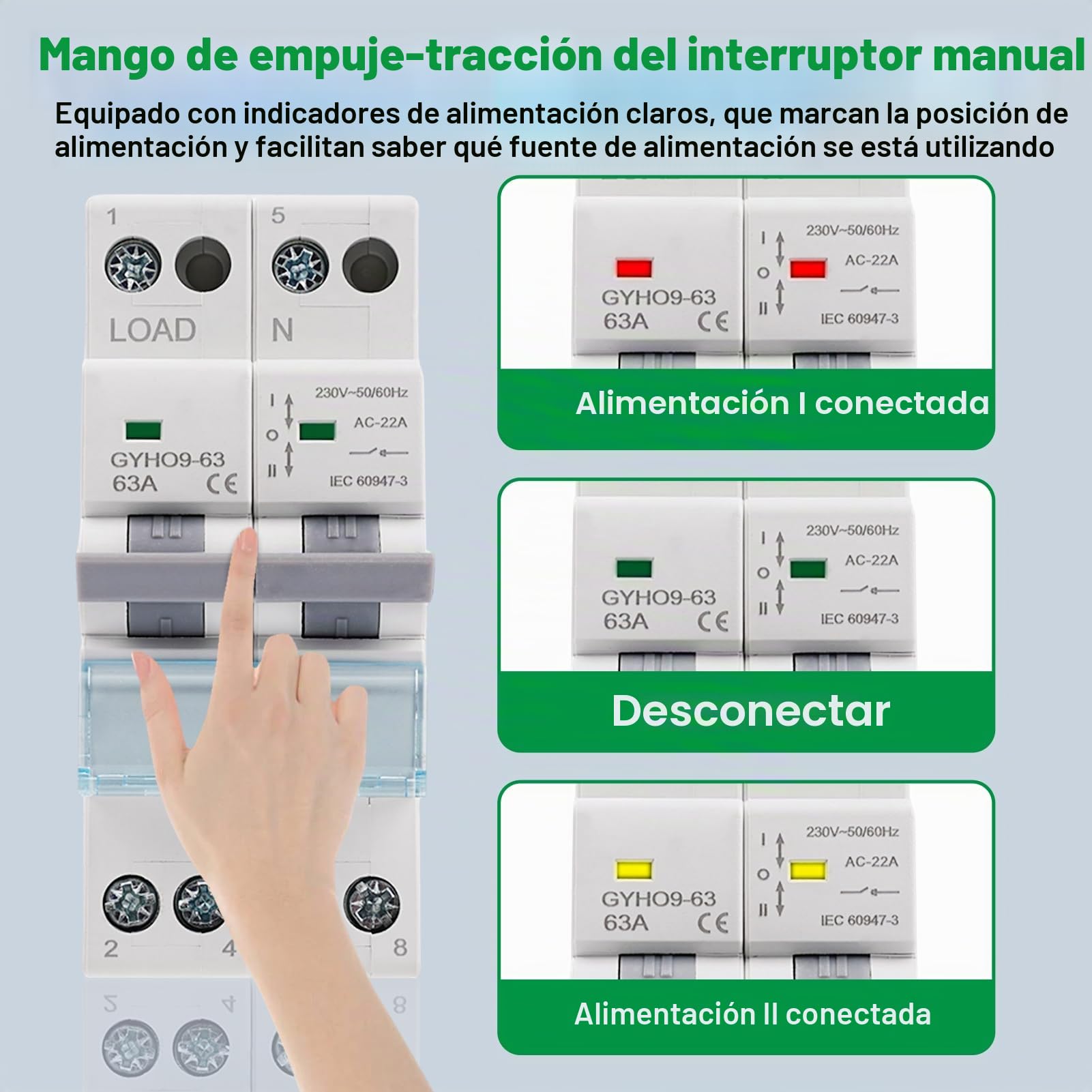 Interruptor de Transferencia, Interruptor de Separación Manual Dual Power DIN Rail Conmutador Manual 2P 230VAC 63A | Interruptor de separación de carga Dual Power DIN-Schiene Manueller Umschalter Transferschalter
