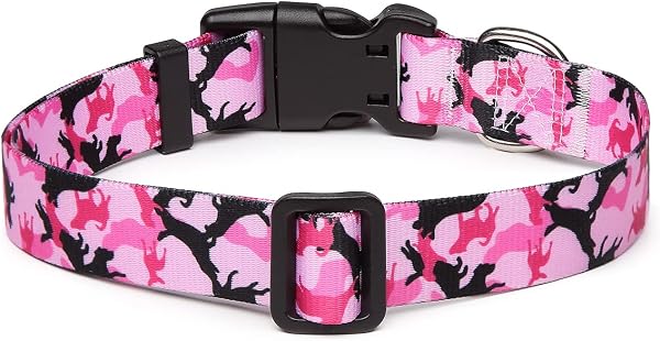 Adjustable Nylon Dog Collar with Patterns, Soft Comfy Pet Collar for Small Medium Large Dogs (M, Dog Camouflage Pink) - 2