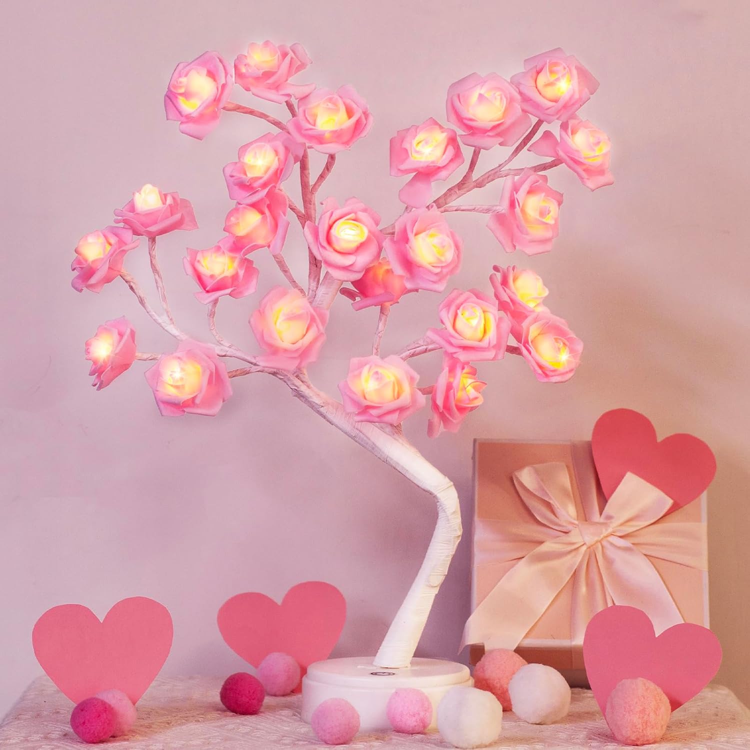 EAMBRITE Rose Flower Lamp, Rose Tree Lights Pink Room Decor for Valentine's Day, USB/Battery Operated 18" 24 LED Artificial Flower Night Light Table Home Wedding Bedroom Decorations Mother’s Day Gift