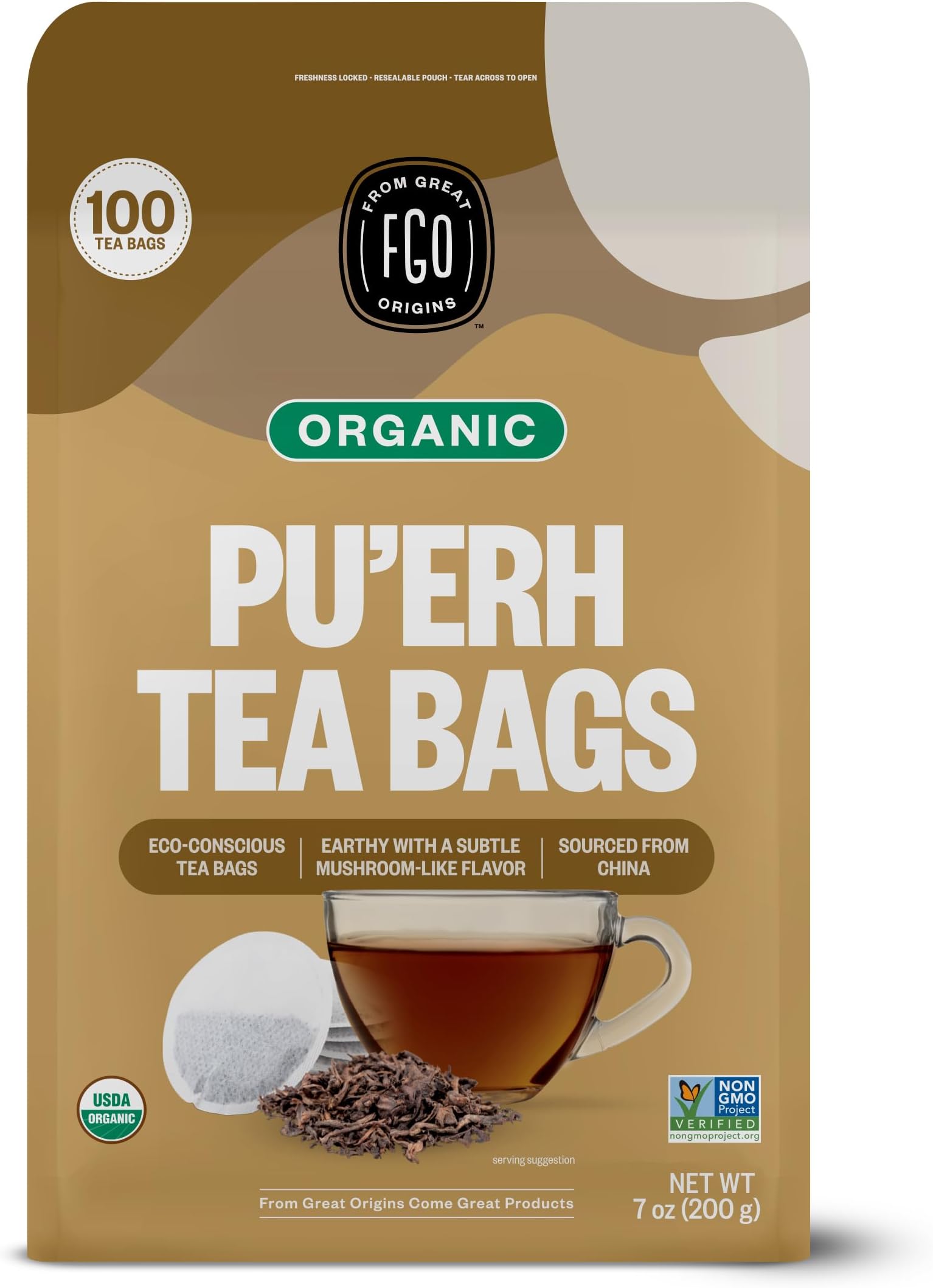 FGO Organic Pu'erh Tea, 100 Count, Eco-Conscious Black Tea Bags, Resealable Bag, Packaging May Vary (Pack of 1)
