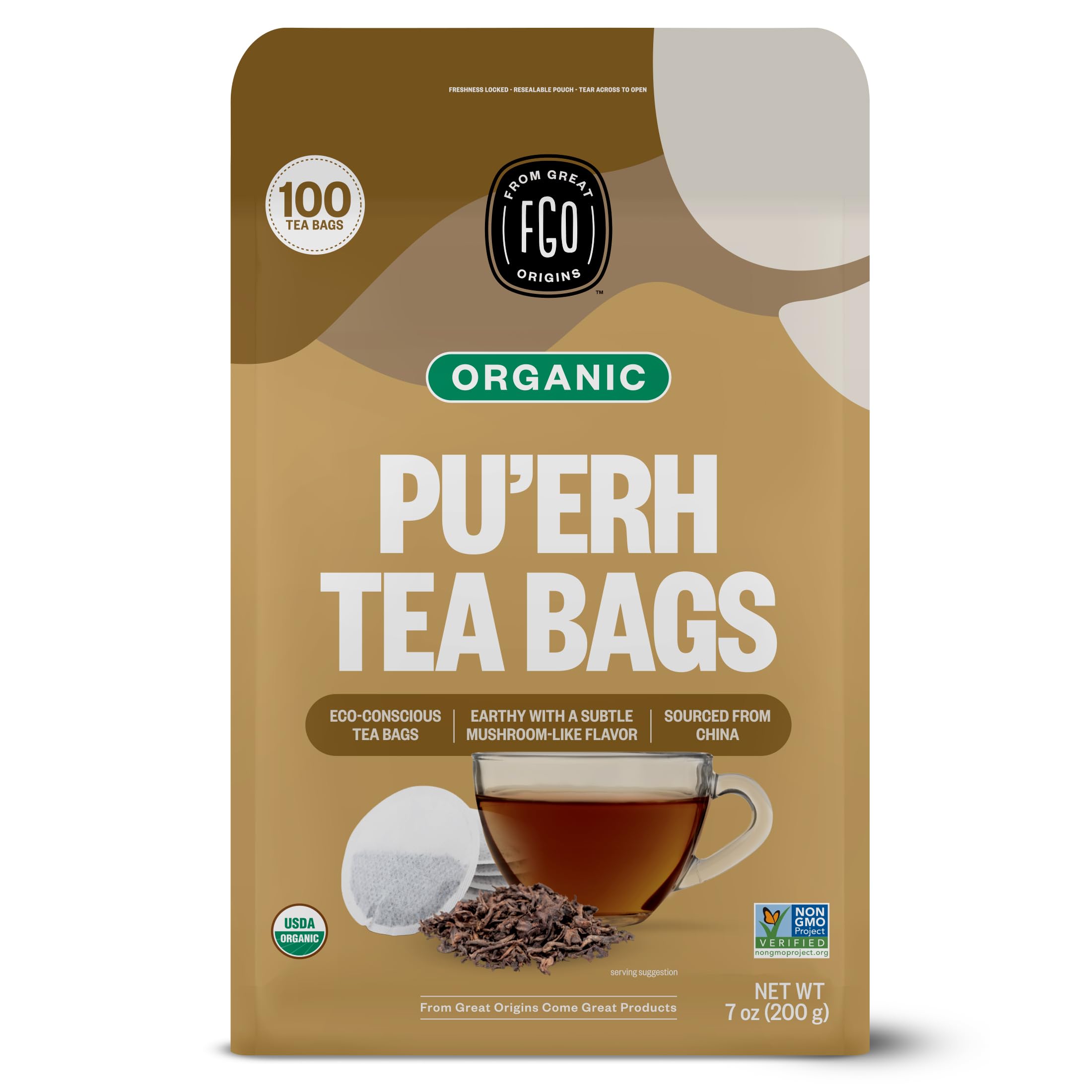 FGO Organic Pu'erh Tea, 100 Count, Eco-Conscious Black Tea Bags, Resealable Bag, Packaging May Vary (Pack of 1)