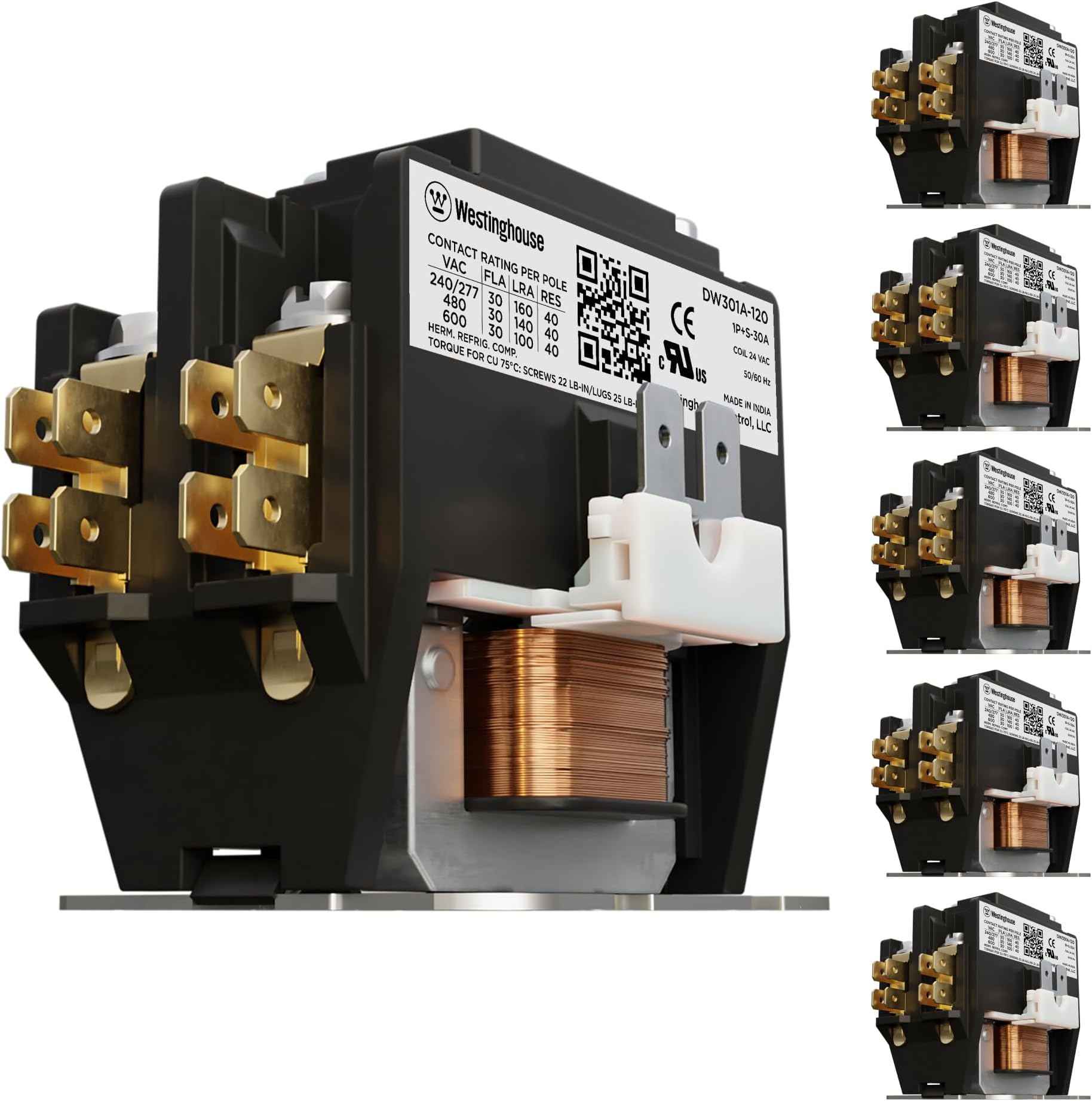 Westinghouse AC Contactor, 5-Pack, 1 Pole, 30 Amp, 24V Coil, Line Lugs & Load Screws, Definite Purpose HVAC Contactor, UL Recognized & Approved for UL 60335