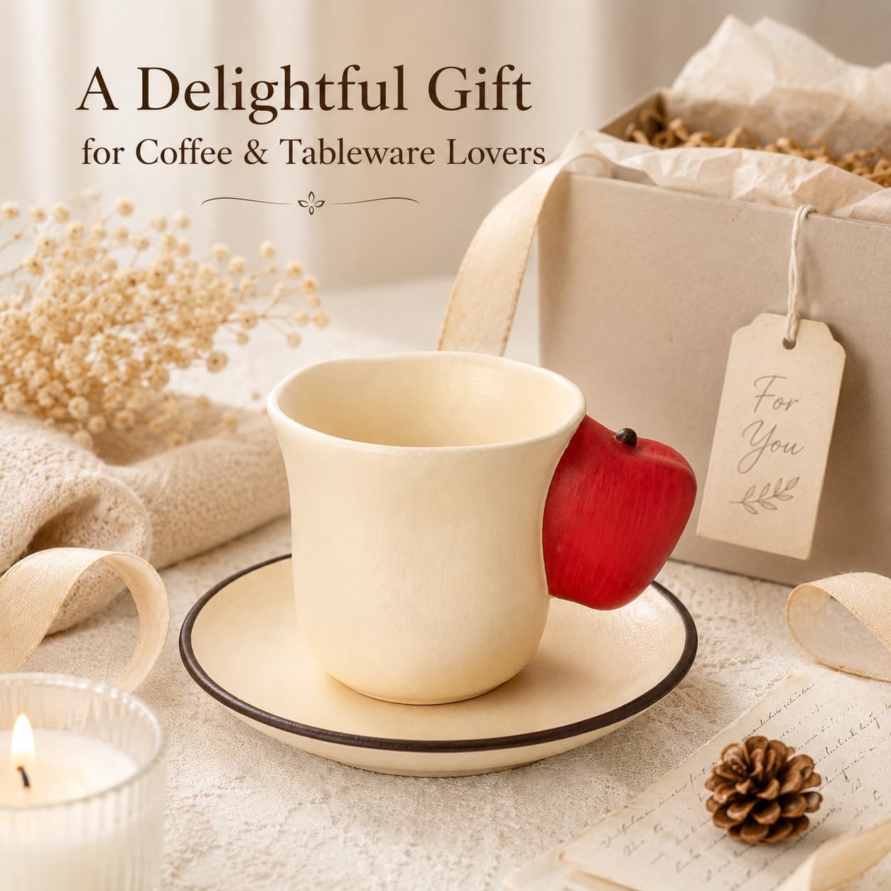 8 oz Apple Shaped Ceramic Coffee Cup with Saucer, Cute Coffee Mug