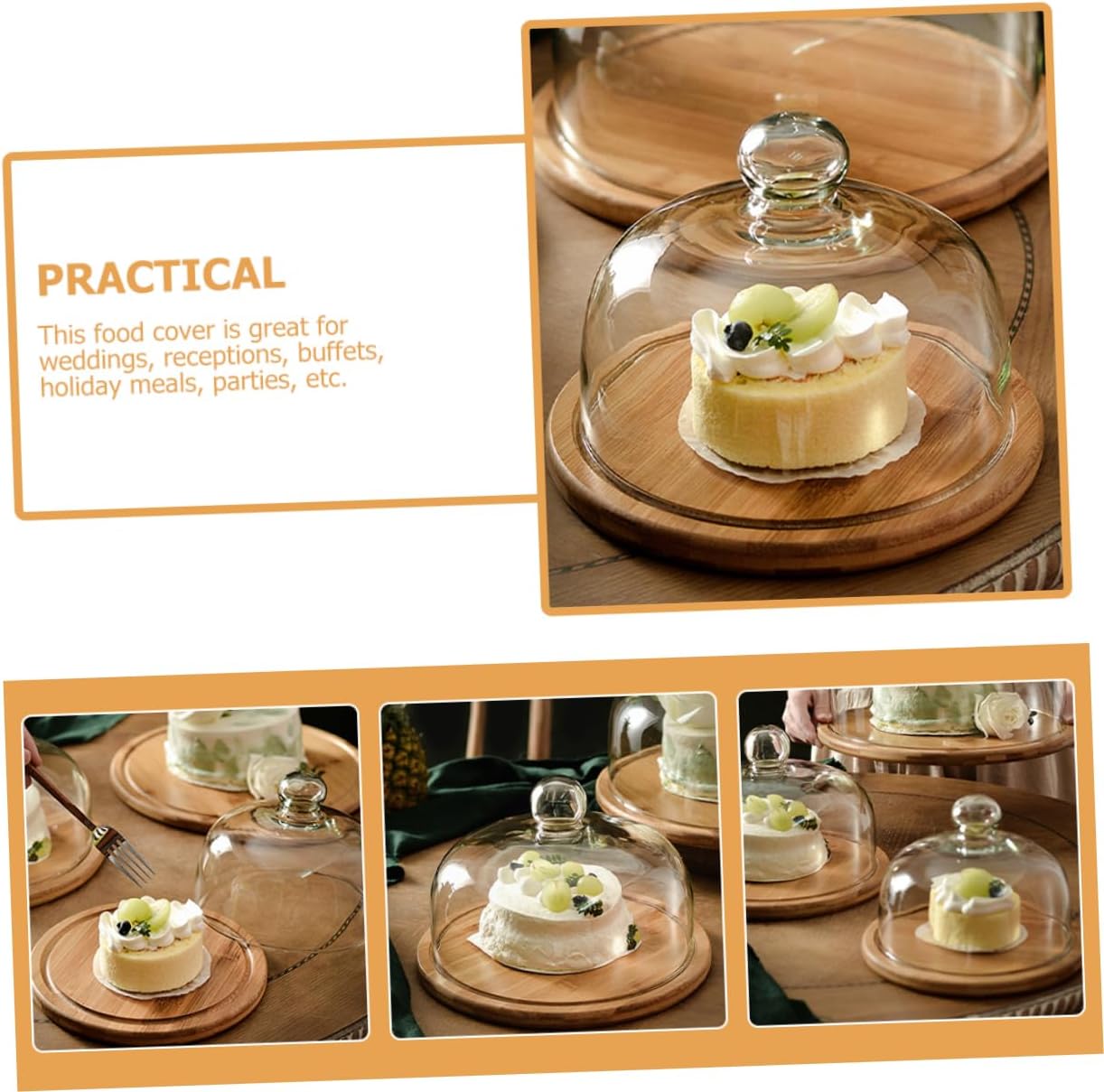 1Set Food Protector Glass Dome with Wooden Tray Multi Use Dessert Cover for Cakes Snacks Fruits for Parties Buffets Weddings