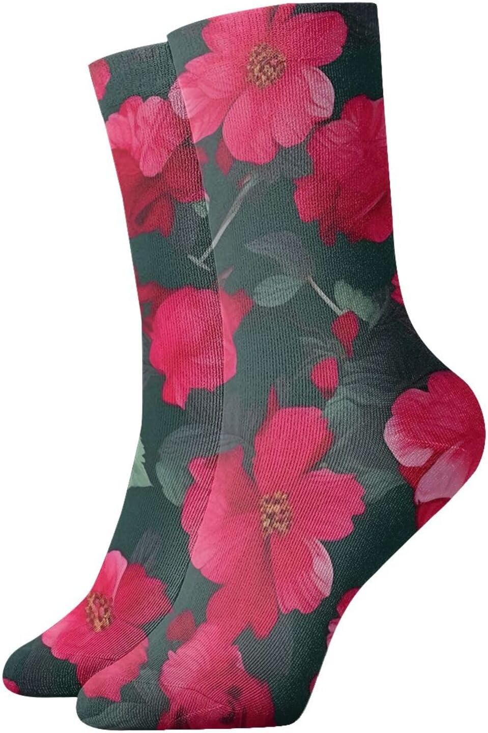 Red Pink Flower Print Boot Socks For Women Moisture-Wicking Men Walking Crew Socks For Hiking Boots Outdoor