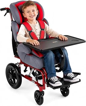 Reclining Pediatric Wheelchair for Kids with Special Needs,Pediatric Mobility Wheelchair with Adjustable Reclining Backrest, 5-Point Safety Harness, Removable Tray, Padded Side Support, Red