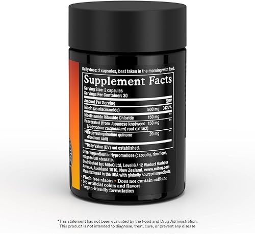 Miniatura 2 de MitoQ Suplemento de doble acción NAD+  con niacina clínicamente estudiada (niacinamida), ribósido de nicotinamida (NR), resveratrol y PQQ  Aumenta