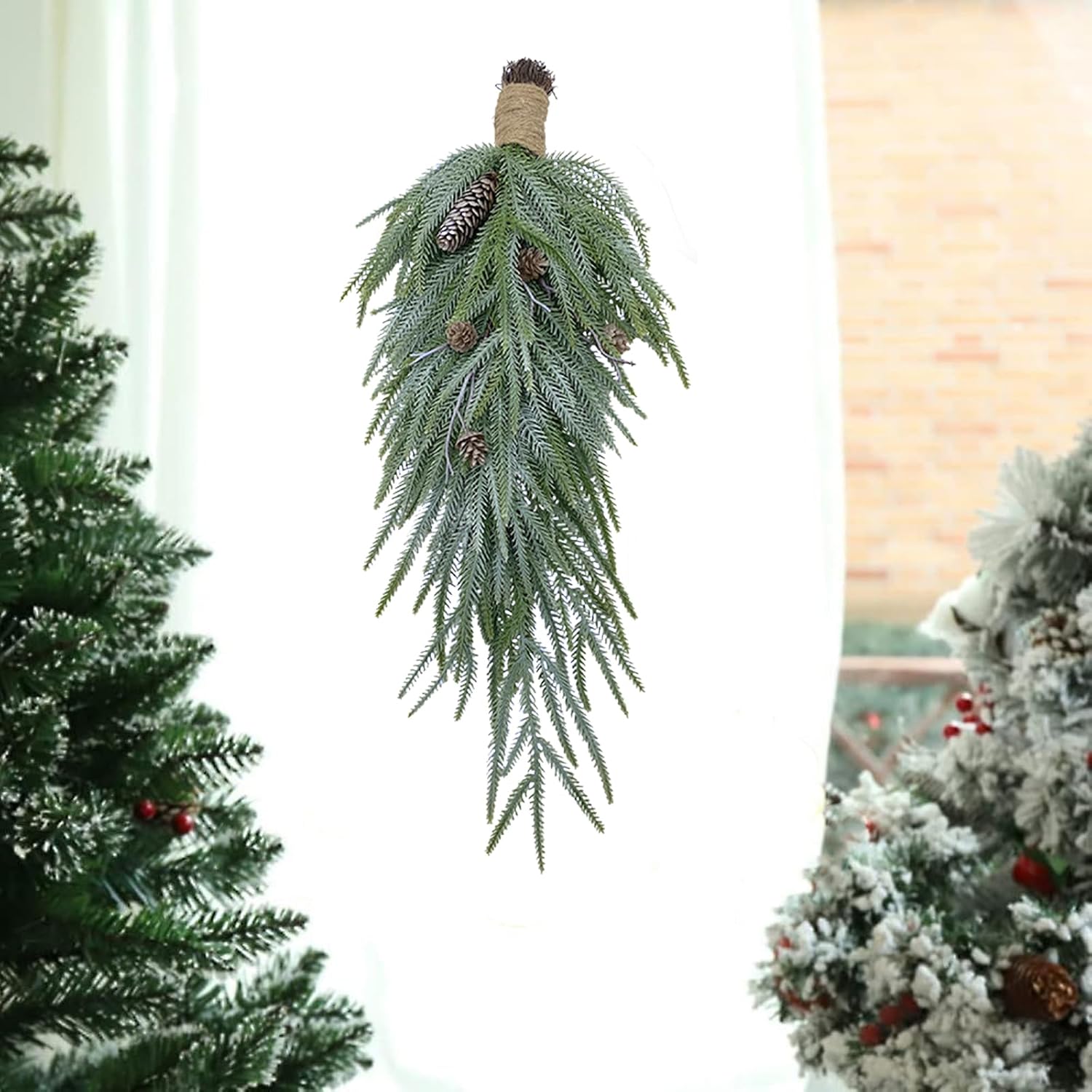 DULRLLY Artificial Christmas Teardrop Swag, 24.8 in Christmas Pine Needles Swag Wreath with Pine Cones, Artificial Pine Wall Hanging, Christmas Swag for Front Door Decor (B)