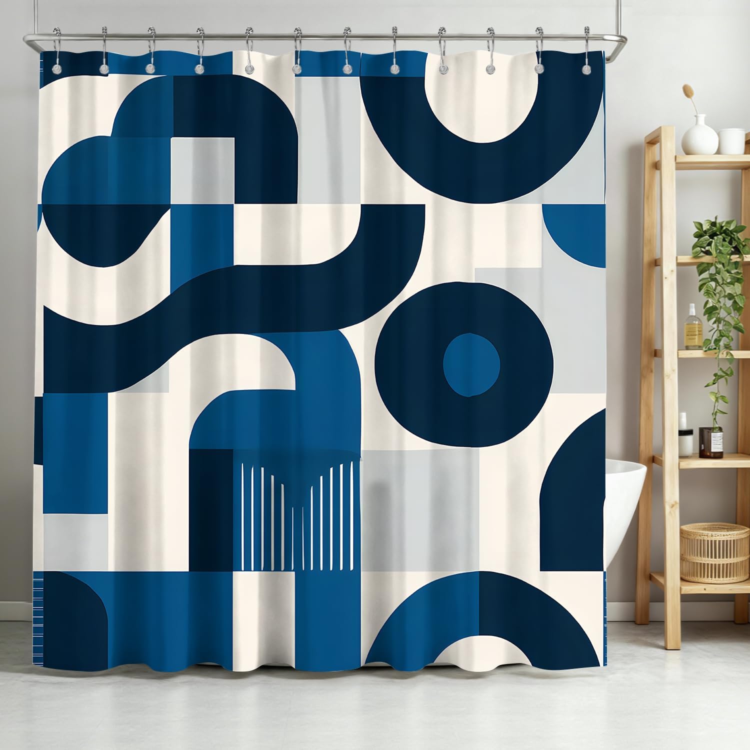 Shower Curtain Navy Blue Geometric Water Repellent Shower Curtain Set, with Hooks，Machine Washable, Modern Decorative Polyester Cloth Shower Curtains for Bathroom-72x84 Inch