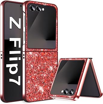 Z Flip 7 Case for Samsung Galaxy Z Flip7 5G Glitter Phone Case for Women Girls, Slim Ultra Thin Matte Back Case Crystal Bling Funda Shockproof Protective Cover for Samsung Z Flip 7, 6.9" Red