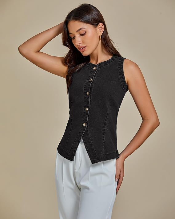 Roskiky Denim Vest Tops Women Uk Women'S Gilets Sleeveless Strechy Jean Vest Summer Western Waistcoat